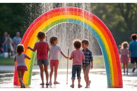Children playing under a vibrant rainbow spray arch feature